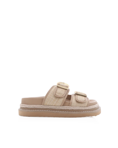 Anora Sandals - Billini 
Anora is a chunky platform sandal, available exclusively to Billini.

A striking platform sandal with chunky straps and buckle details, exuding bold, confident energy with a modern edge.

Featuring;

platform sole with statement rope detailing
open round toe
thick twin straps across upper
statement gold hardware buckle detailing
open heel counter
synthetic upper, lining and outsole