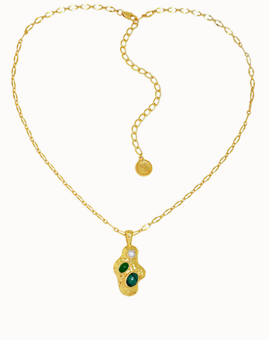 Federica Necklace Gold

Description
GOLDEN LAYERS • FUTURE KEEPSAKE
Softly sculptural and rich with meaning, Federica is designed to feel like something discovered - not just worn. A vintage-inspired chain leads to an organic, freeform pendant set with Green Jade, Malachite, and Freshwater Pearl, creating a piece that feels both grounded and elevated.