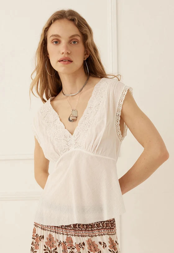 The Bridget Lace Cami by SPELL, in Pearl exudes effortless femininity with a romantic, vintage-inspired spirit. Timeless with a modern twist, this beautifully considered silhouette combines delicate detailing with a flattering, body-skimming shape.

Crafted from 100% organic cotton, it offers a soft, breathable feel with a natural texture that makes it perfect for everyday wear. A flattering V-neckline is framed by delicate lace trim along the neck and armholes, while the underbust panel with soft gathers a