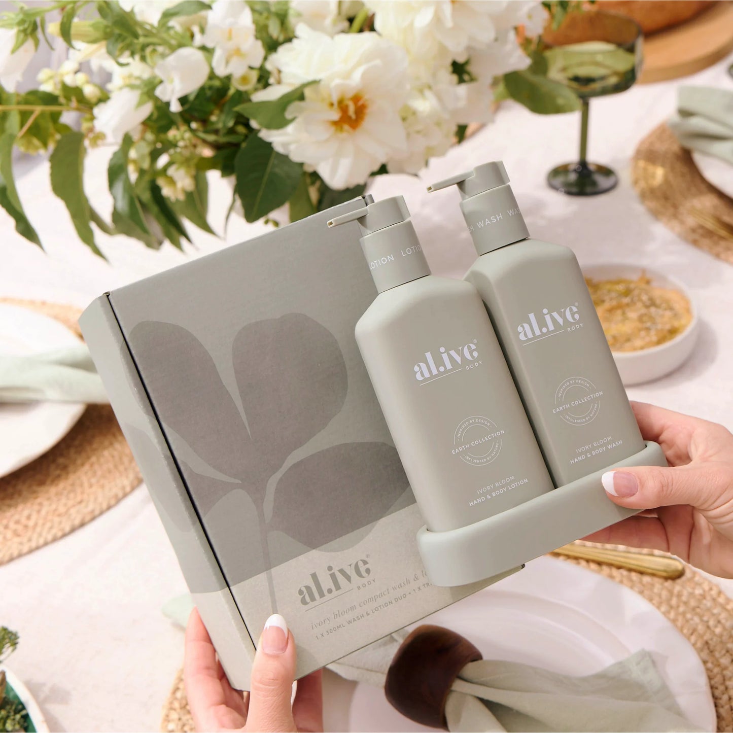 A limited-edition Compact Bathroom Duo, pairing a 300ml Hand &amp; Body Wash and 300ml Hand &amp; Body Lotion in a slimline, interlocking design, created for a more space-conscious bathroom setup. Scented in Ivory Bloom, a soft white floral fragrance, it brings a calm, considered feel to everyday routines.