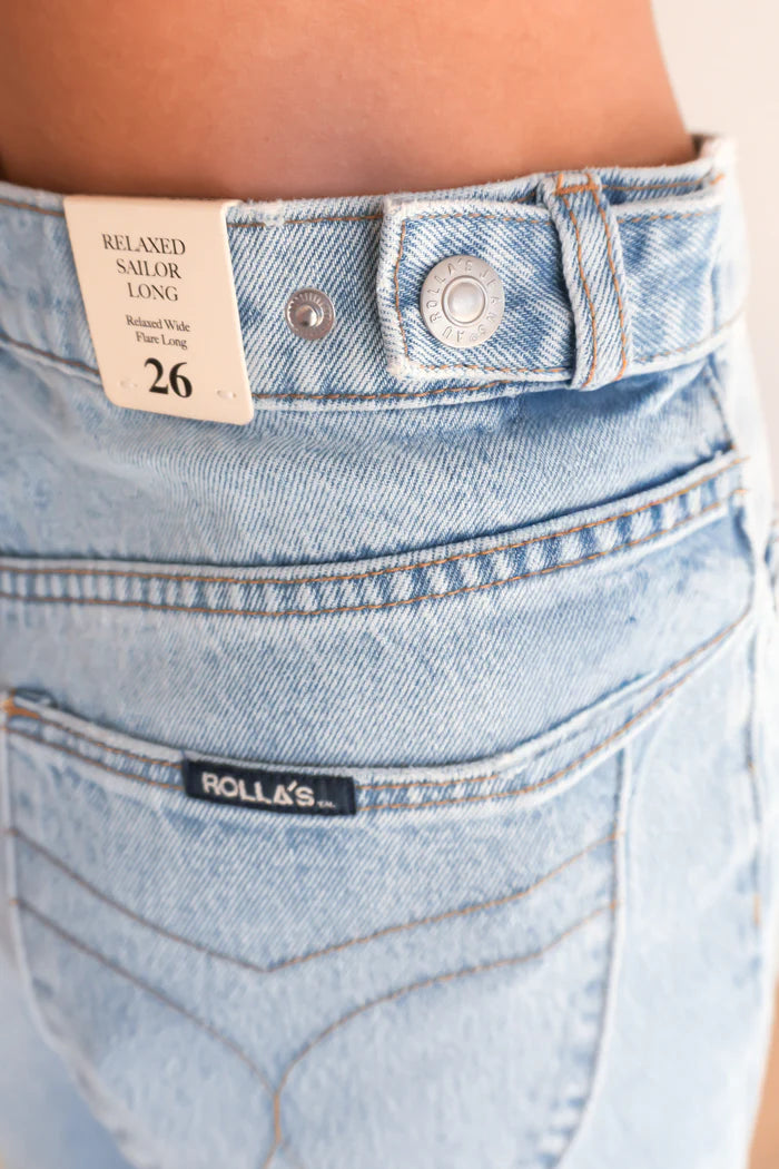 Relaxed Sailor is a high-rise jean with a relaxed A-line wide leg, designed to sit loose off the body.