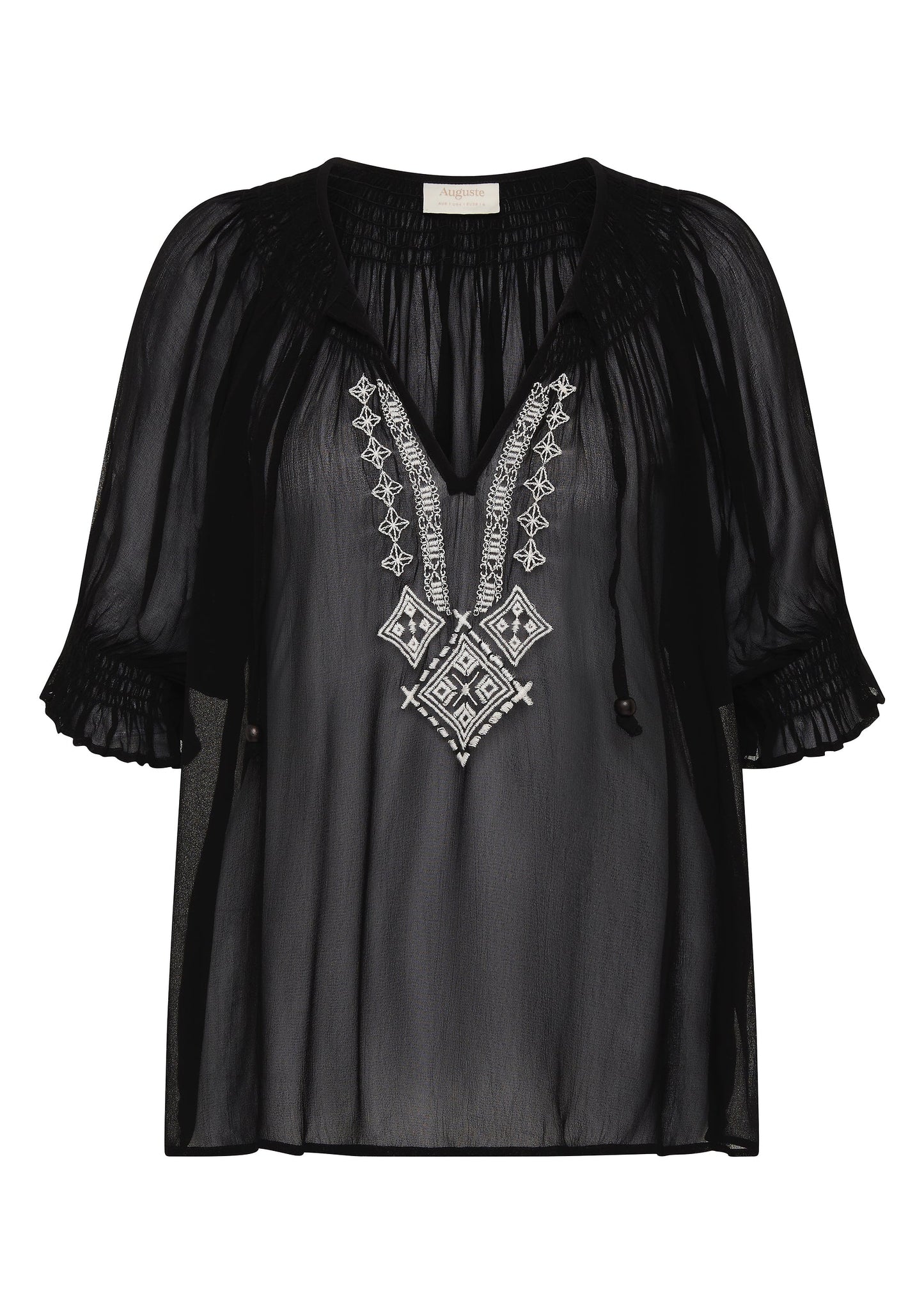 Romantic, floaty, and just a little bit vintage, this is the blouse that does it all.

Meet your new go-to blouse for effortless romance and vintage charm. The Stevie Embroidered Blouse by Auguste The Label in black is crafted from softly draped viscose georgette, giving it a semi-sheer, fluid finish that moves beautifully with you. The flattering V-neckline with an optional tie adds a touch of versatility, while delicate shirring around the neckline creates subtle texture that feels both refined and relaxe