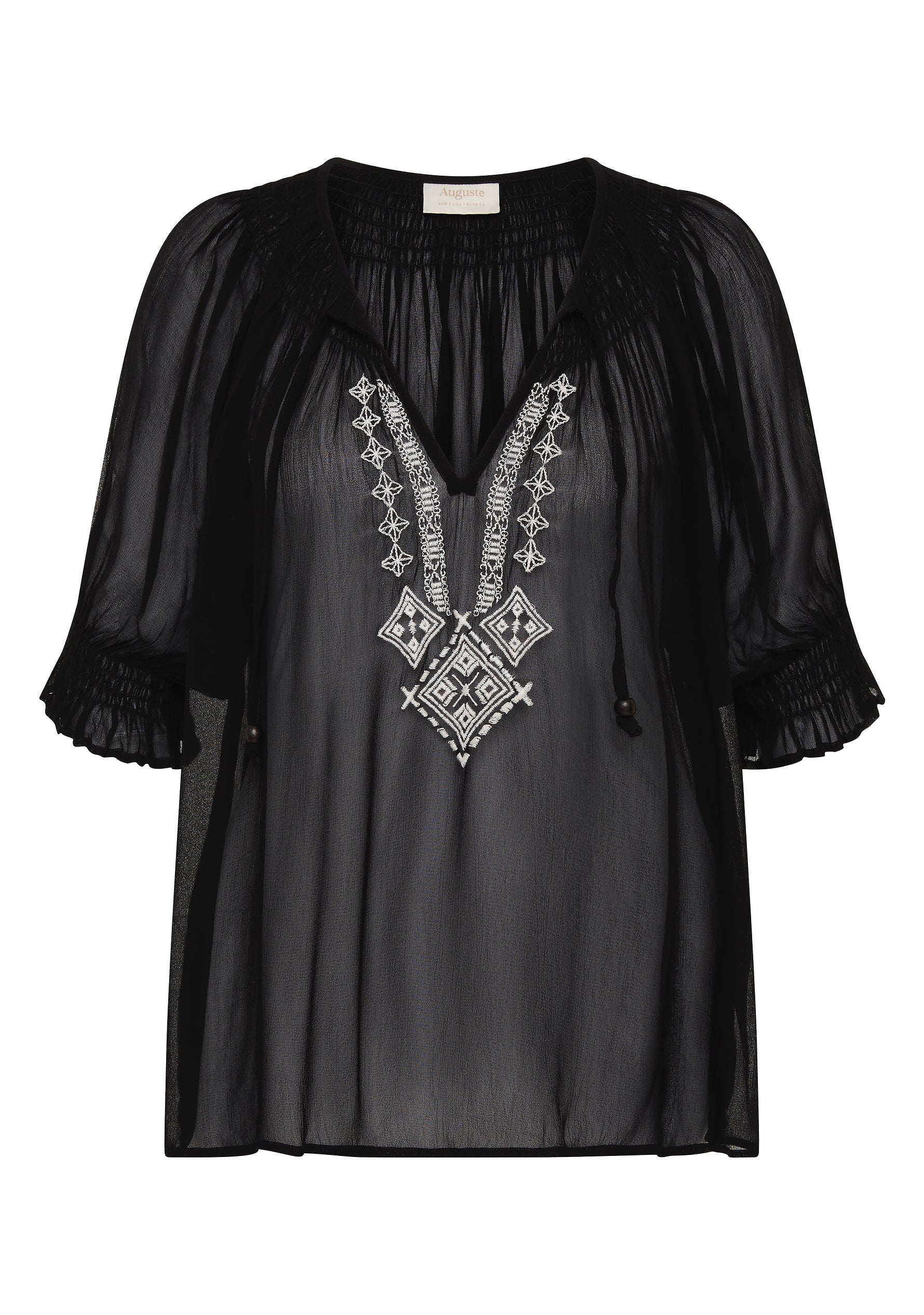 Romantic, floaty, and just a little bit vintage, this is the blouse that does it all.

Meet your new go-to blouse for effortless romance and vintage charm. The Stevie Embroidered Blouse by Auguste The Label in black is crafted from softly draped viscose georgette, giving it a semi-sheer, fluid finish that moves beautifully with you. The flattering V-neckline with an optional tie adds a touch of versatility, while delicate shirring around the neckline creates subtle texture that feels both refined and relaxe