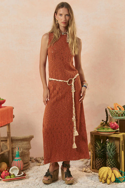 Sun-Kissed Style Meets Effortless Comfort

Step into breezy elegance with the Rhodes Knit Maxi Dress in Cinnamon by Spell your new go-to for sun-soaked days and spontaneous adventures. Designed to feel as good as it looks, this maxi dress combines a soft cotton-linen blend with delicate pointelle knit and slub yarn texture, giving it a touch of relaxed sophistication.