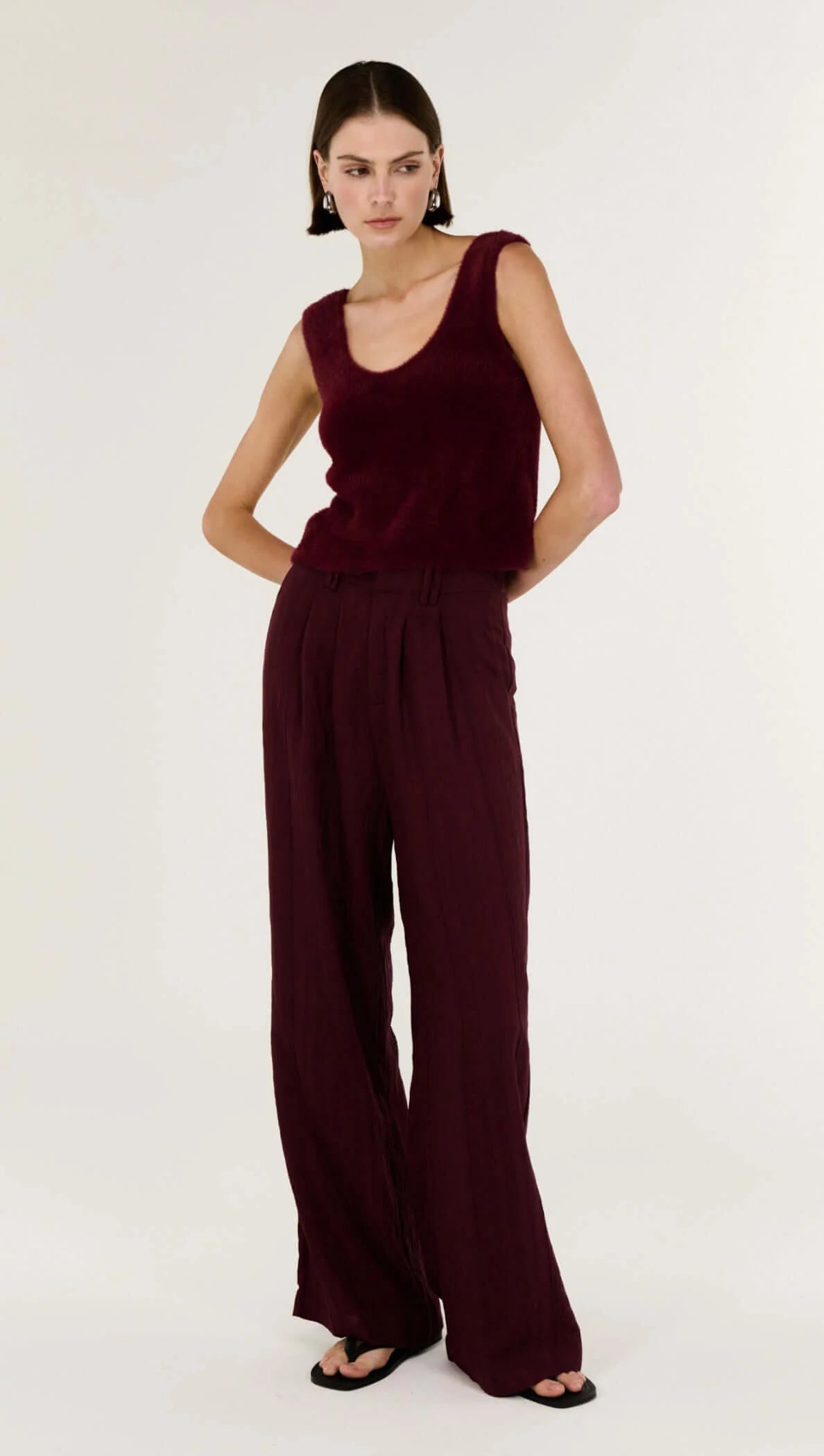 Your go-to pants when you want to look polished without even trying.

Meet the Matteo Deep Red Crepe Wide Leg Pant by Staple The Label, a modern classic that blends tailored elegance with an easy, relaxed feel. Designed in a rich Shiraz hue, these pants instantly elevate your outfit while still feeling effortless and wearable.