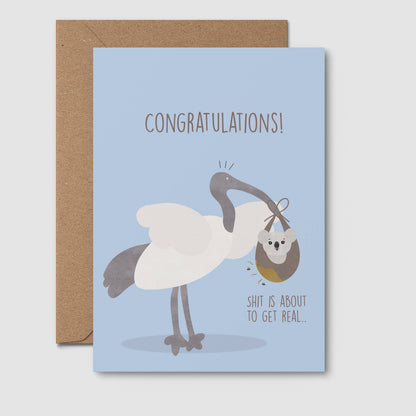 Sh**s about to get real: Funny baby shower card blue
