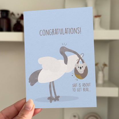 Sh**s about to get real: Funny baby shower card blue