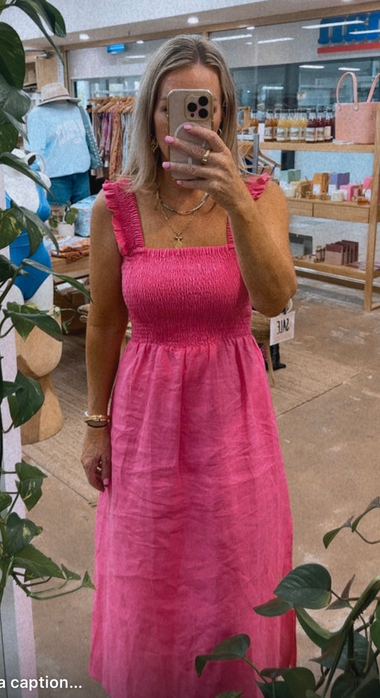 The Goldie Dress by Pops + Co is our latest go-to Summer dress. Beautifully feminine meets playful, she’s ready for her next sun drenched vacation.

Handcrafted with 100% Linen. Custom made in Hot Pink for Ginger Fox - an exclusive piece.