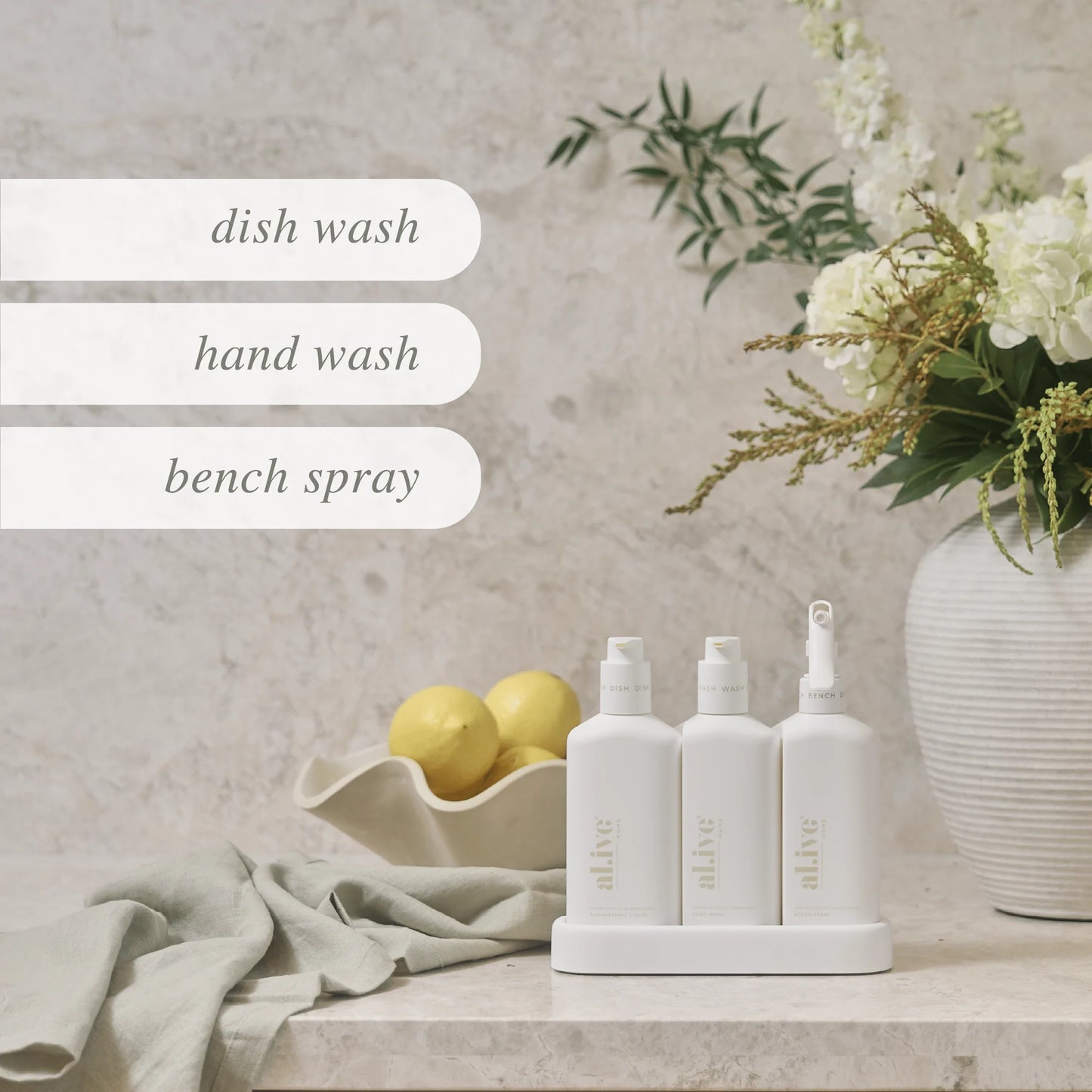Elevate your kitchen experience with our Lemon Myrtle Honeydew Kitchen Trio in Crisp White. This set includes our Dishwashing Liquid, Bench Spray and Hand Wash, all conveniently nestled within a beautifully designed custom tray to enhance your kitchen countertop.