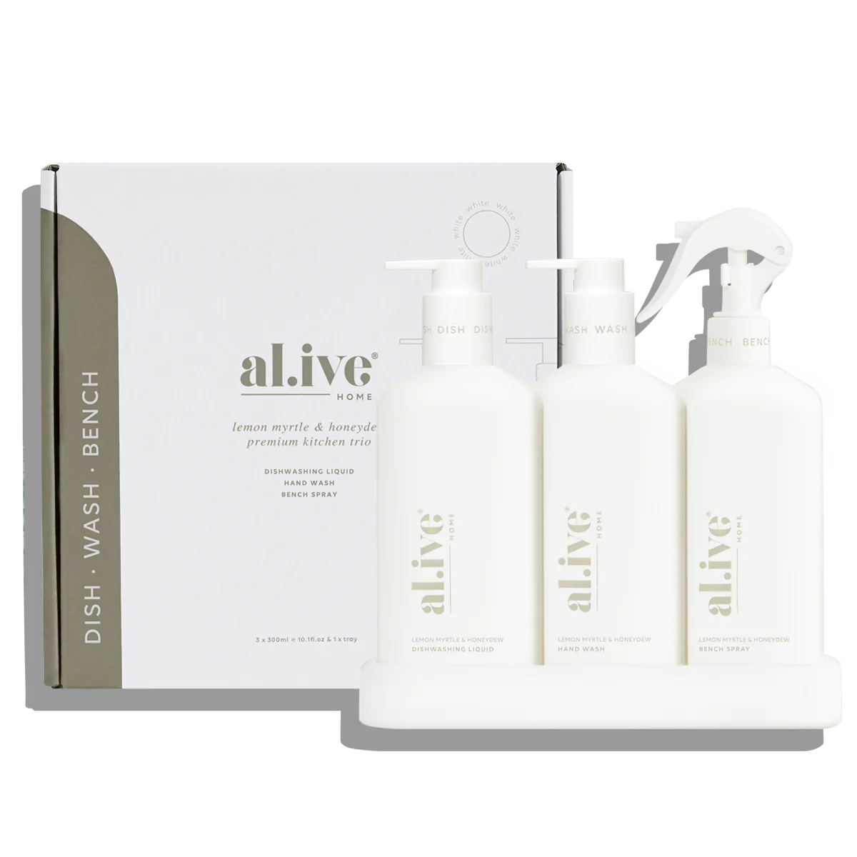 Elevate your kitchen experience with our Lemon Myrtle Honeydew Kitchen Trio in Crisp White. This set includes our Dishwashing Liquid, Bench Spray and Hand Wash, all conveniently nestled within a beautifully designed custom tray to enhance your kitchen countertop.