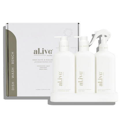 Elevate your kitchen experience with our Lemon Myrtle Honeydew Kitchen Trio in Crisp White. This set includes our Dishwashing Liquid, Bench Spray and Hand Wash, all conveniently nestled within a beautifully designed custom tray to enhance your kitchen countertop.