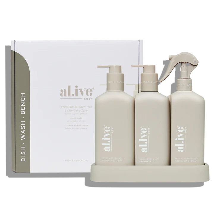 Elevate your kitchen experience with our Lemon Myrtle Honeydew Kitchen Trio in Crisp White. This set includes our Dishwashing Liquid, Bench Spray and Hand Wash, all conveniently nestled within a beautifully designed custom tray to enhance your kitchen countertop.