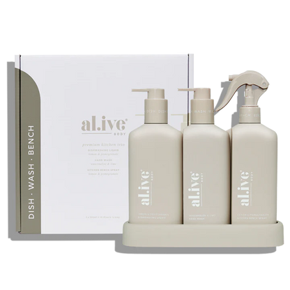 Elevate your kitchen experience with our Lemon Myrtle Honeydew Kitchen Trio in Crisp White. This set includes our Dishwashing Liquid, Bench Spray and Hand Wash, all conveniently nestled within a beautifully designed custom tray to enhance your kitchen countertop.
