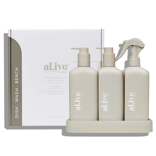 Elevate your kitchen experience with our Lemon Myrtle Honeydew Kitchen Trio in Crisp White. This set includes our Dishwashing Liquid, Bench Spray and Hand Wash, all conveniently nestled within a beautifully designed custom tray to enhance your kitchen countertop.